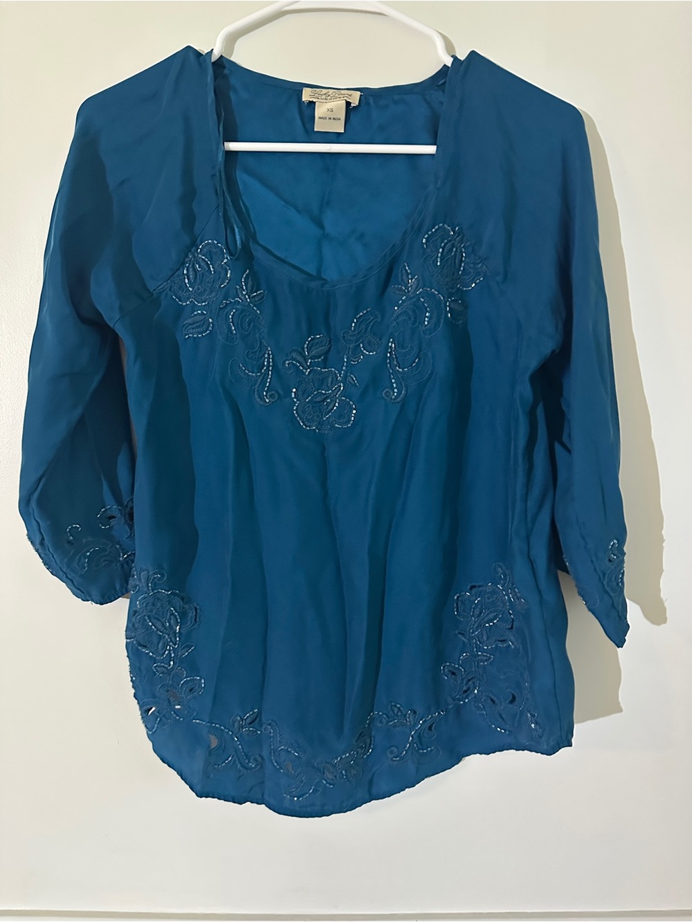 Lucky Brand Teal Silk Embroidered Beaded Boho Top XS